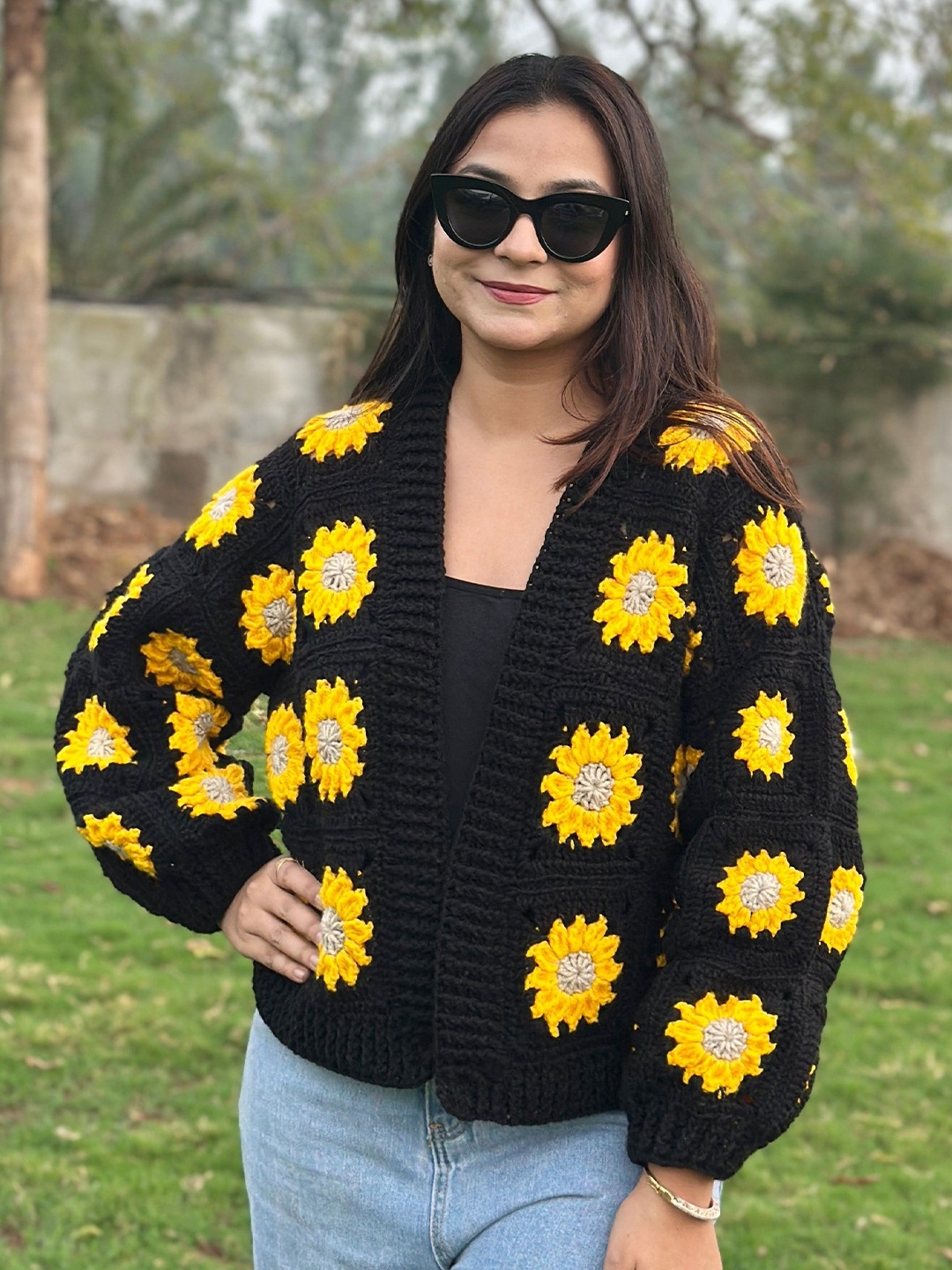 

Sugercandy Women Floral Printed Woollen Cardigan, Black