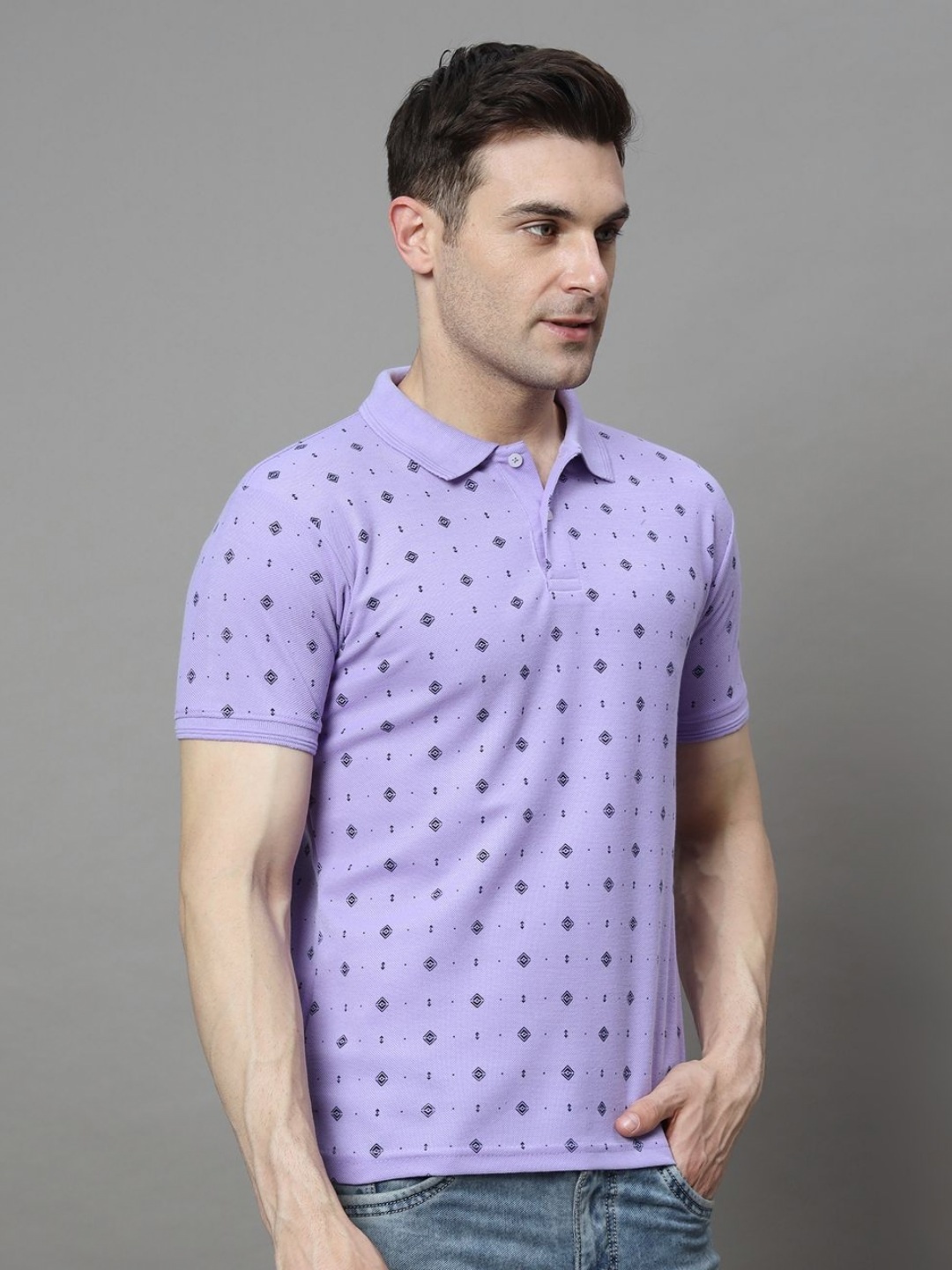 

SZN Men Abstract Printed Polo Collar Cotton T-shirt, Lavender