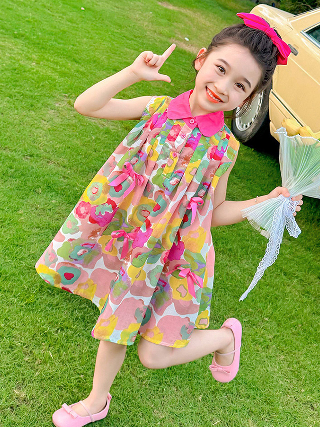 

LULU & SKY Girls Shirt Collar A-Line Dress With Bow, Pink