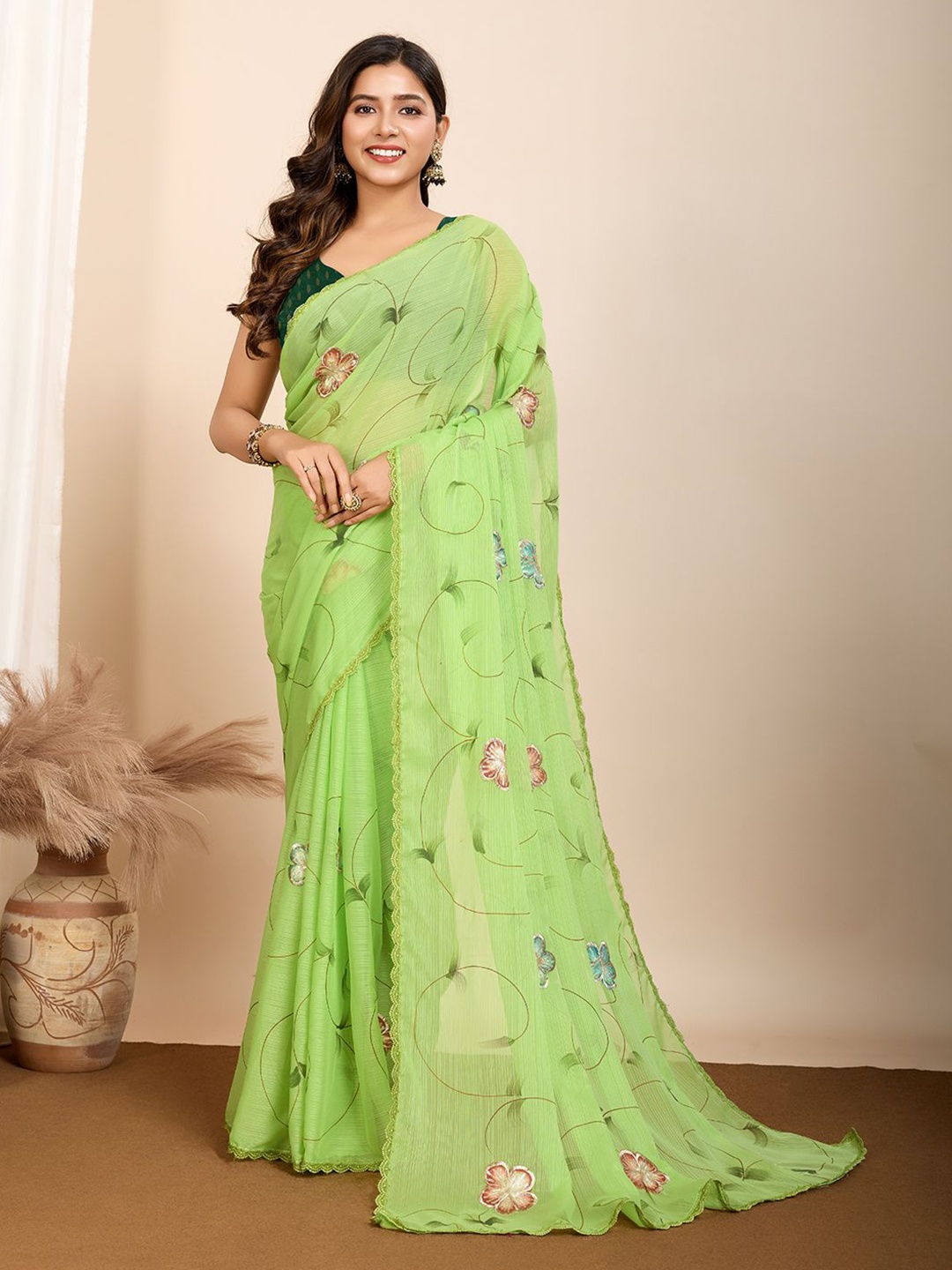 

Sarvada Floral Embroidered Pure Georgette Saree, Green