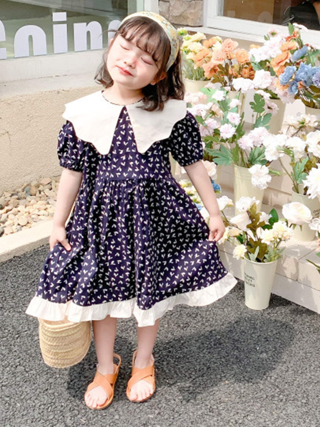 

LULU & SKY Girls Printed Puff Sleeves Fit & Flare Dress, Navy blue