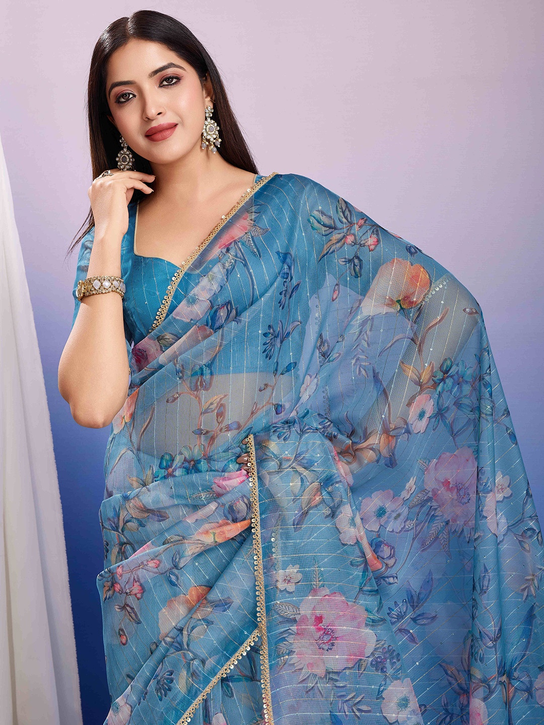 

Mitera Floral Sequinned Organza Designer Saree, Blue