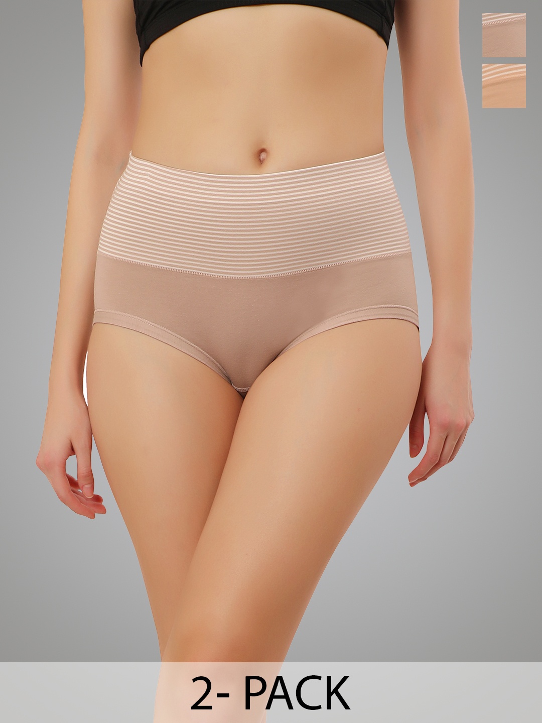 

Bella Voste Pack Of 2 Striped Tummy Control Anti Microbial Briefs, Beige