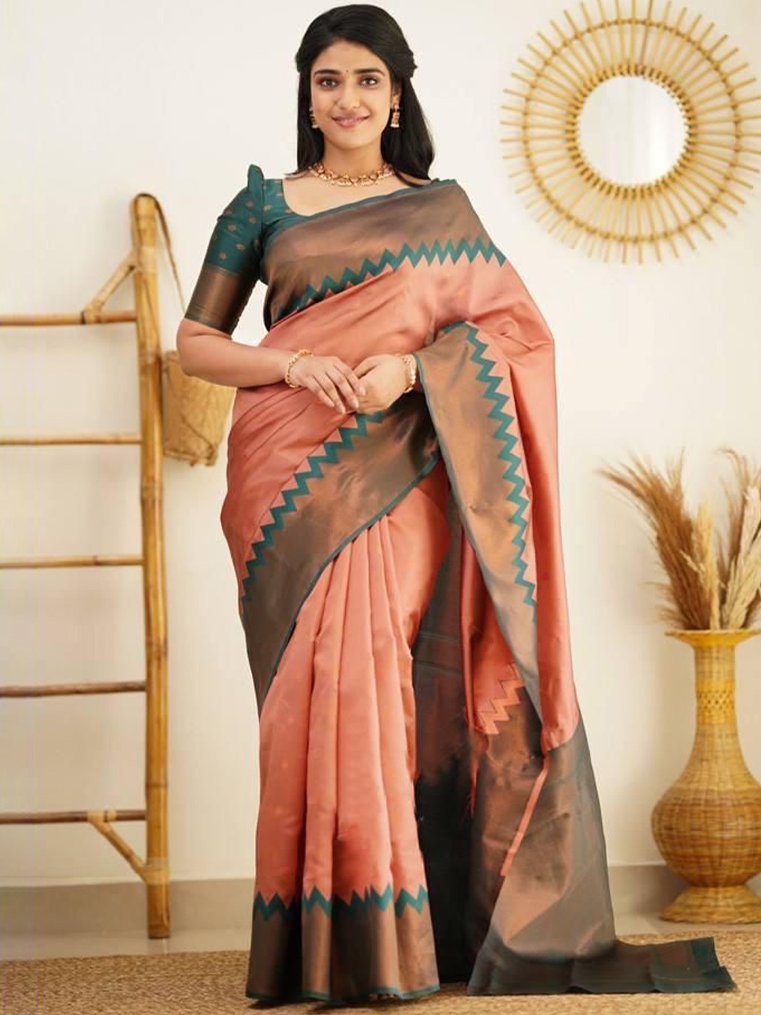 

A TO Z CART Woven Design Zari Pure Silk Banarasi Saree, Peach