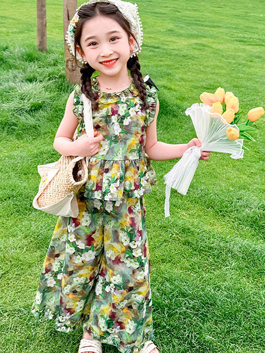 

LULU & SKY Girls Printed Sleeveless Top With Palazzo, Green