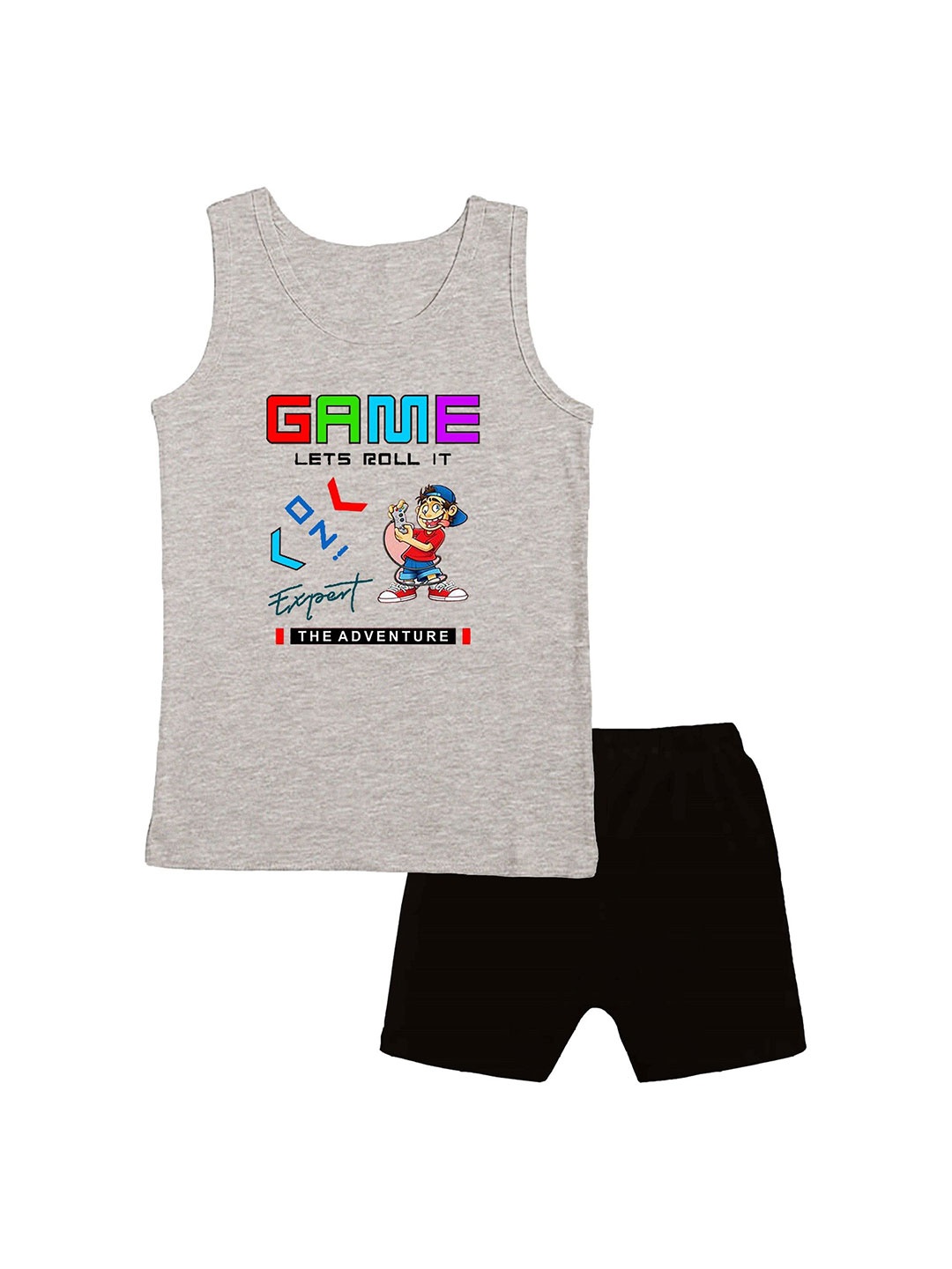 

CoolTees4U Unisex Kids Printed Pure Cotton T-shirt With Shorts, Grey melange