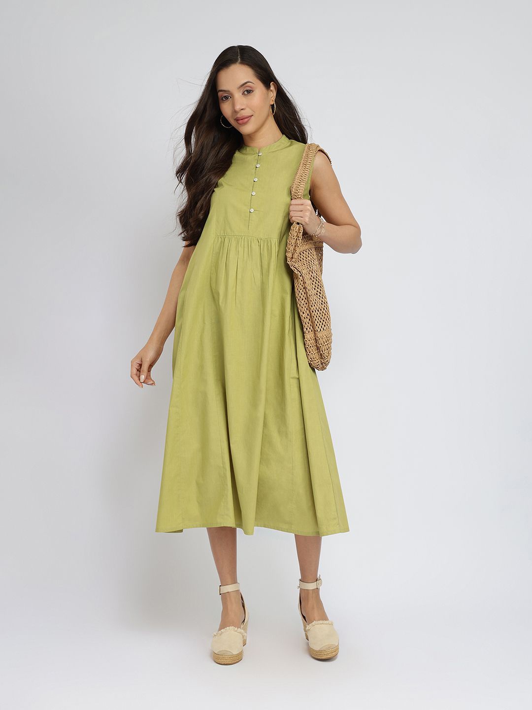 

Pink Fort Women Cotton Solid Button Detail Midi Dress, Green