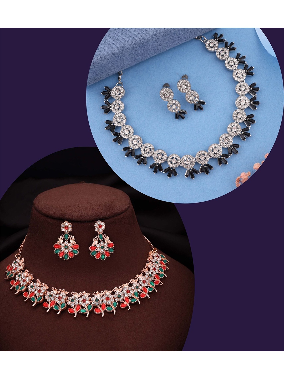 

DIVASTRI Set Of 2 Rose Gold-Plated Artificial Stones-Studded Necklace and Earrings