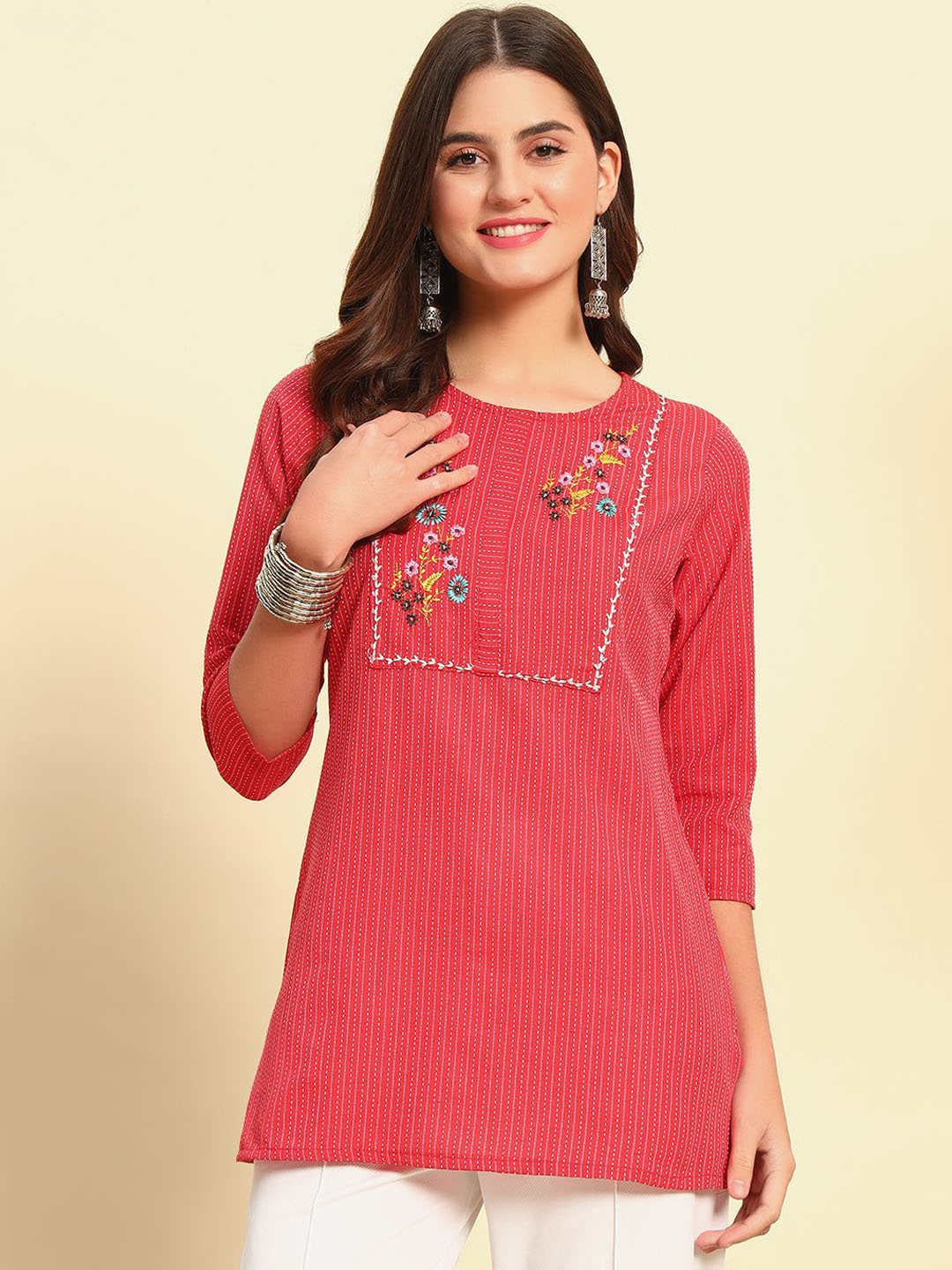 

DIZON Floral Embroidered Round Neck Pure Cotton Top With Trousers, Red