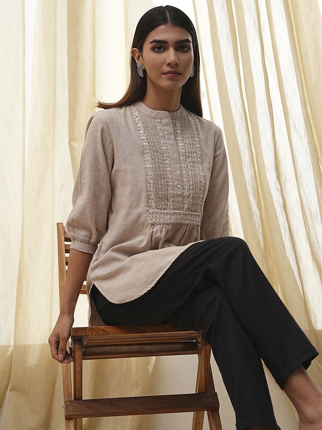 

Biba Embroidered Thread Work Pure Cotton Thread Work Kurti, Beige