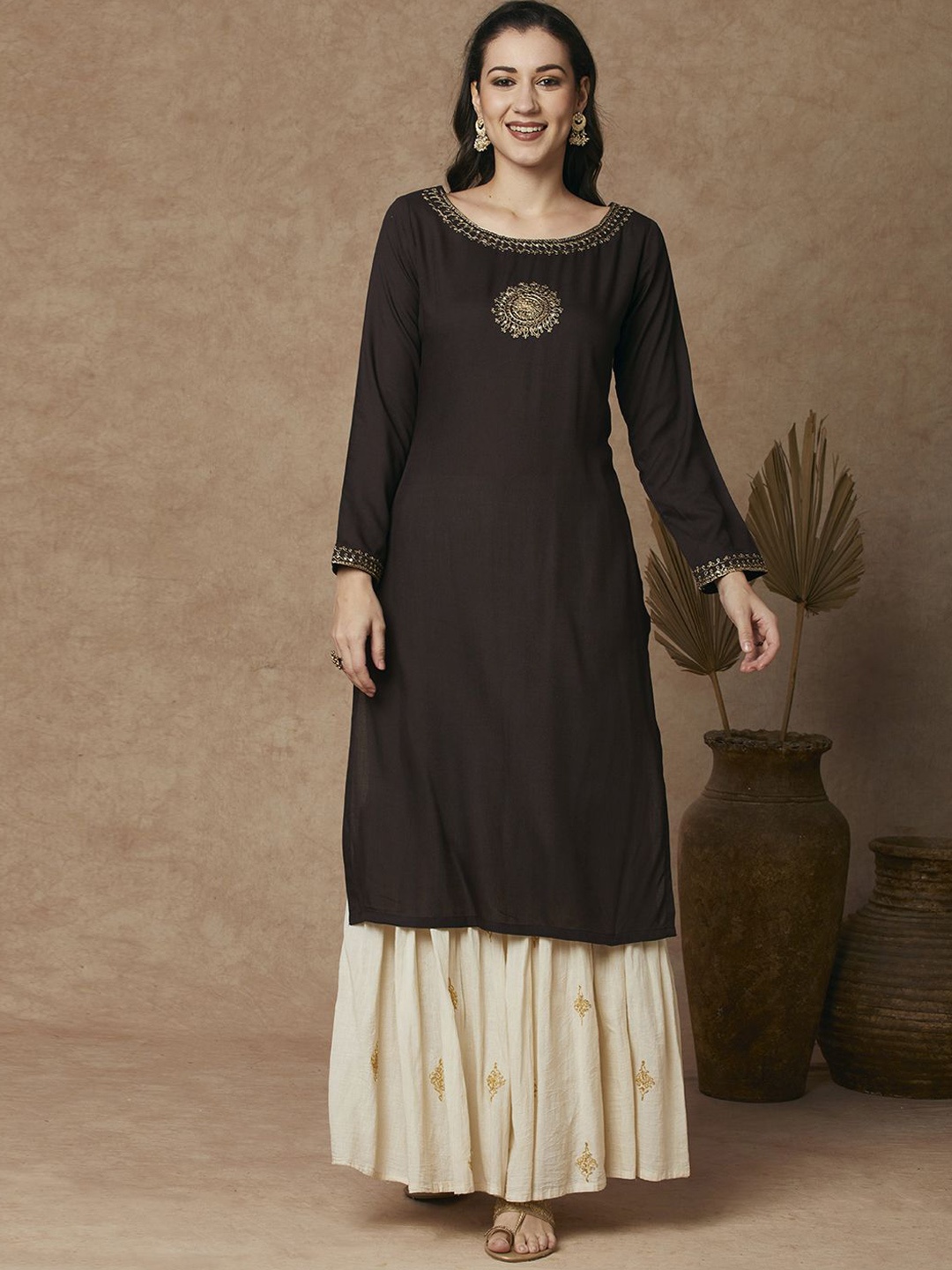 

FASHOR Zari Floral Embroidered Round Neck Sequinned Straight Kurta, Brown