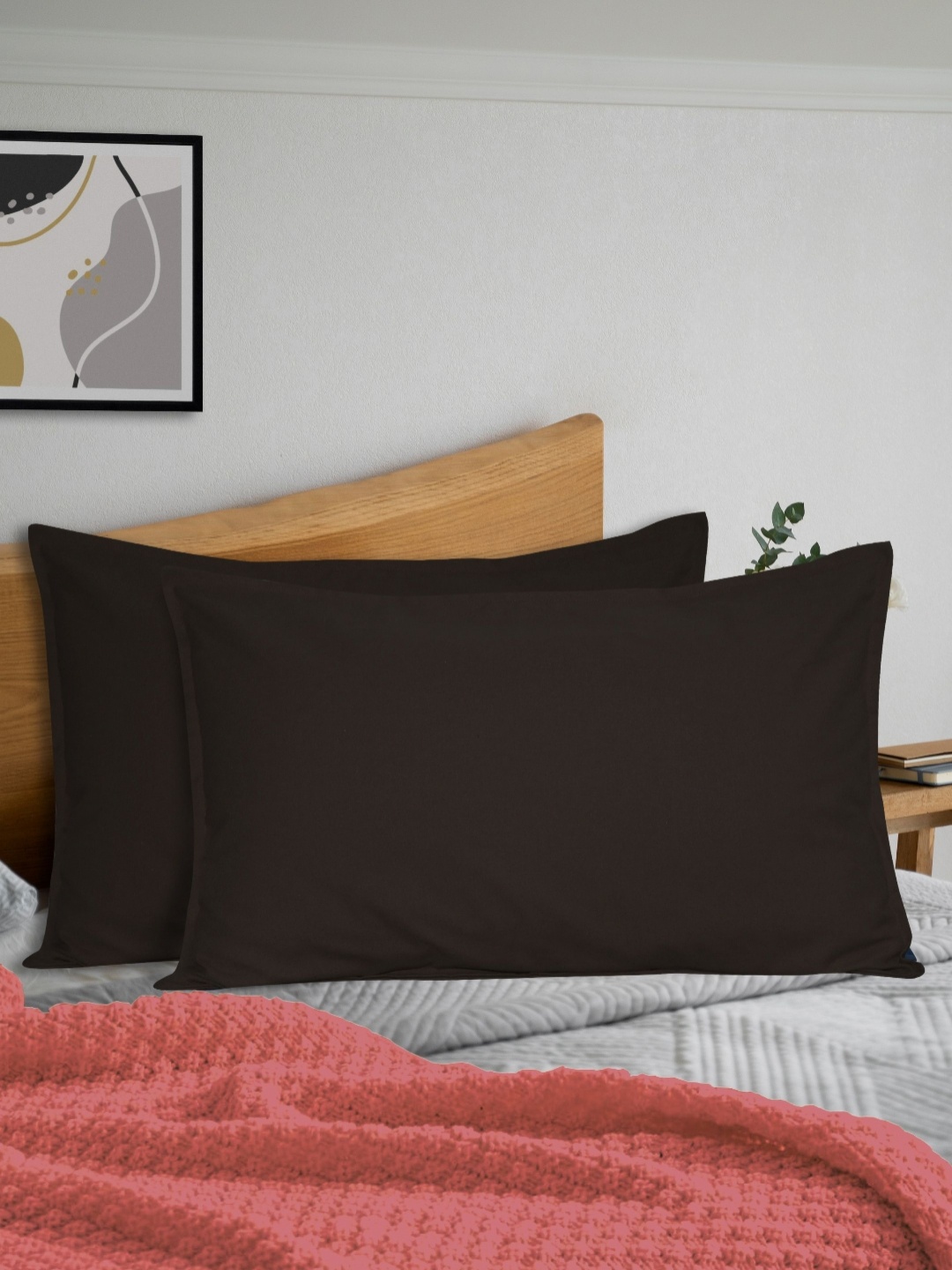 

HOME COLORS.IN Brown 2 Pieces Pure Cotton Rectangle Pillow Covers