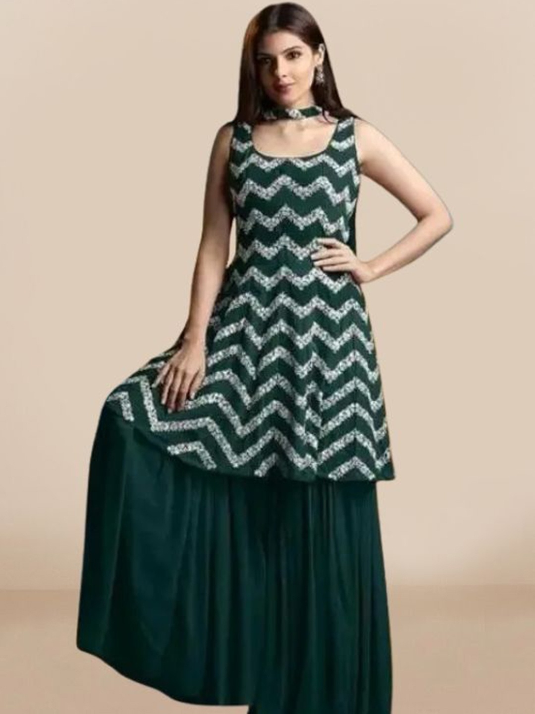

PARROT CREATION Embroidered A-Line Sequinned Kurti With Sharara And Dupatta, Green
