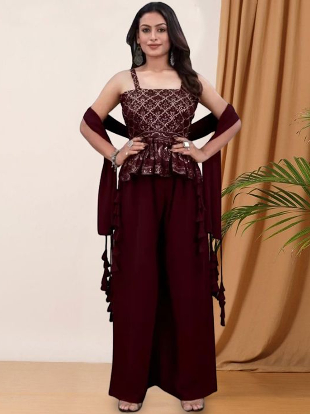 

PARROT CREATION Floral Embroidered Georgette Shoulder Straps Kurti With Palazzos & Dupatta, Maroon