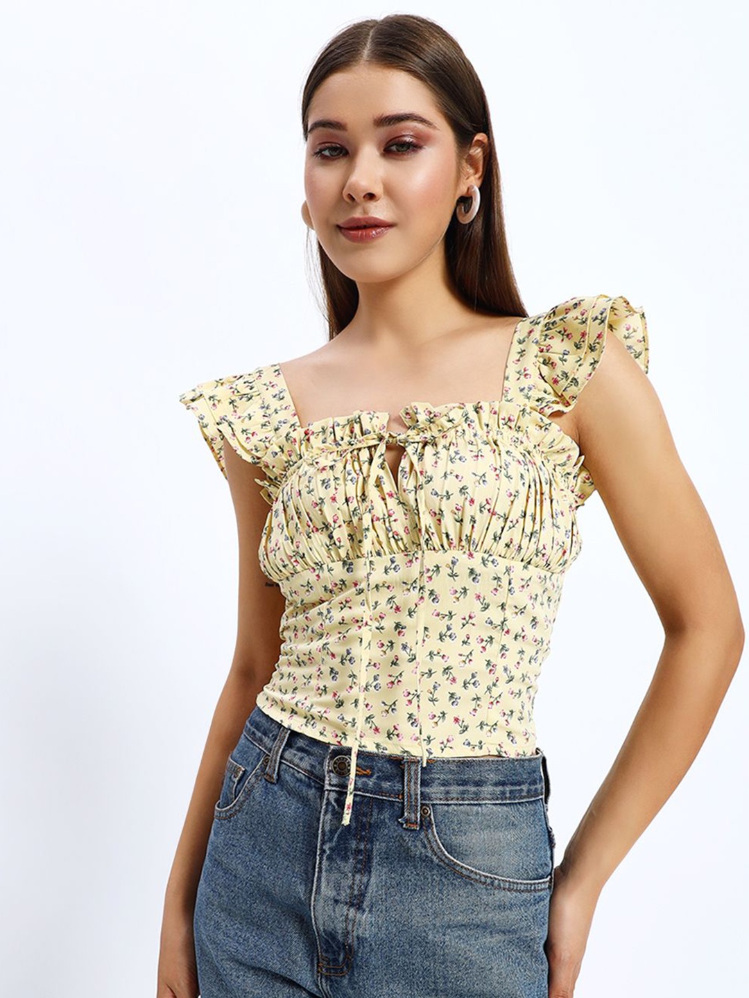 

Sugercandy Floral Print Flutter Sleeve Cotton Crop Top, Yellow