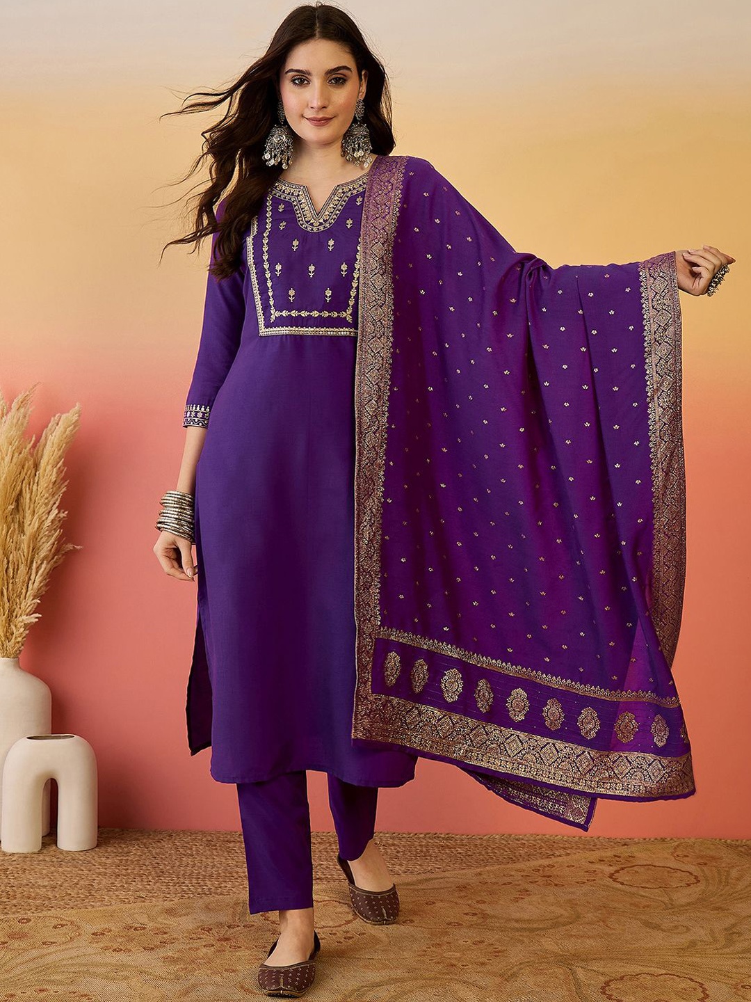

Sangria Embroidered Notch Neck Straight Kurta With Trousers & Dupatta, Purple