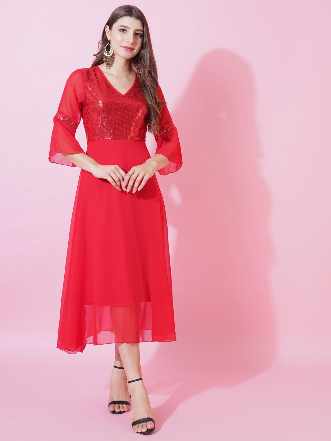 

Curvydrobe Print Bell Sleeve Georgette Fit & Flare Maxi Dress, Red