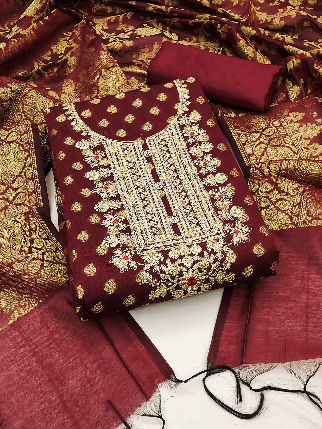 

SAINOOR Embellished Woven Design Semi-Stitched Dress Material, Maroon