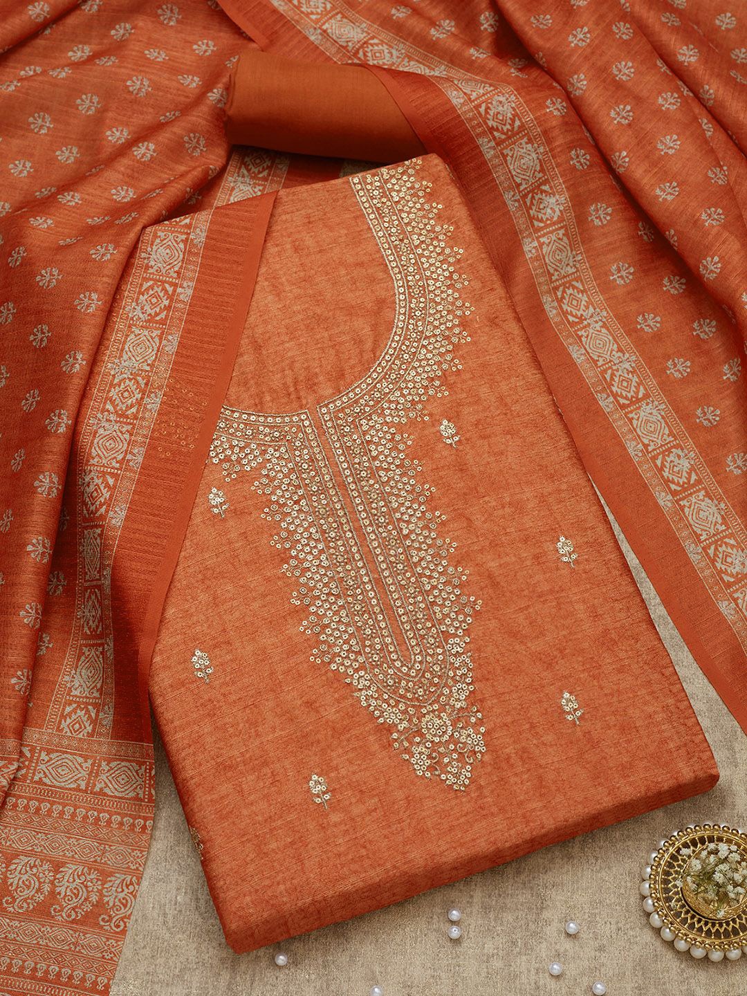 

Soch Floral Embroidered Sequinned Chanderi Unstitched Dress Material, Rust