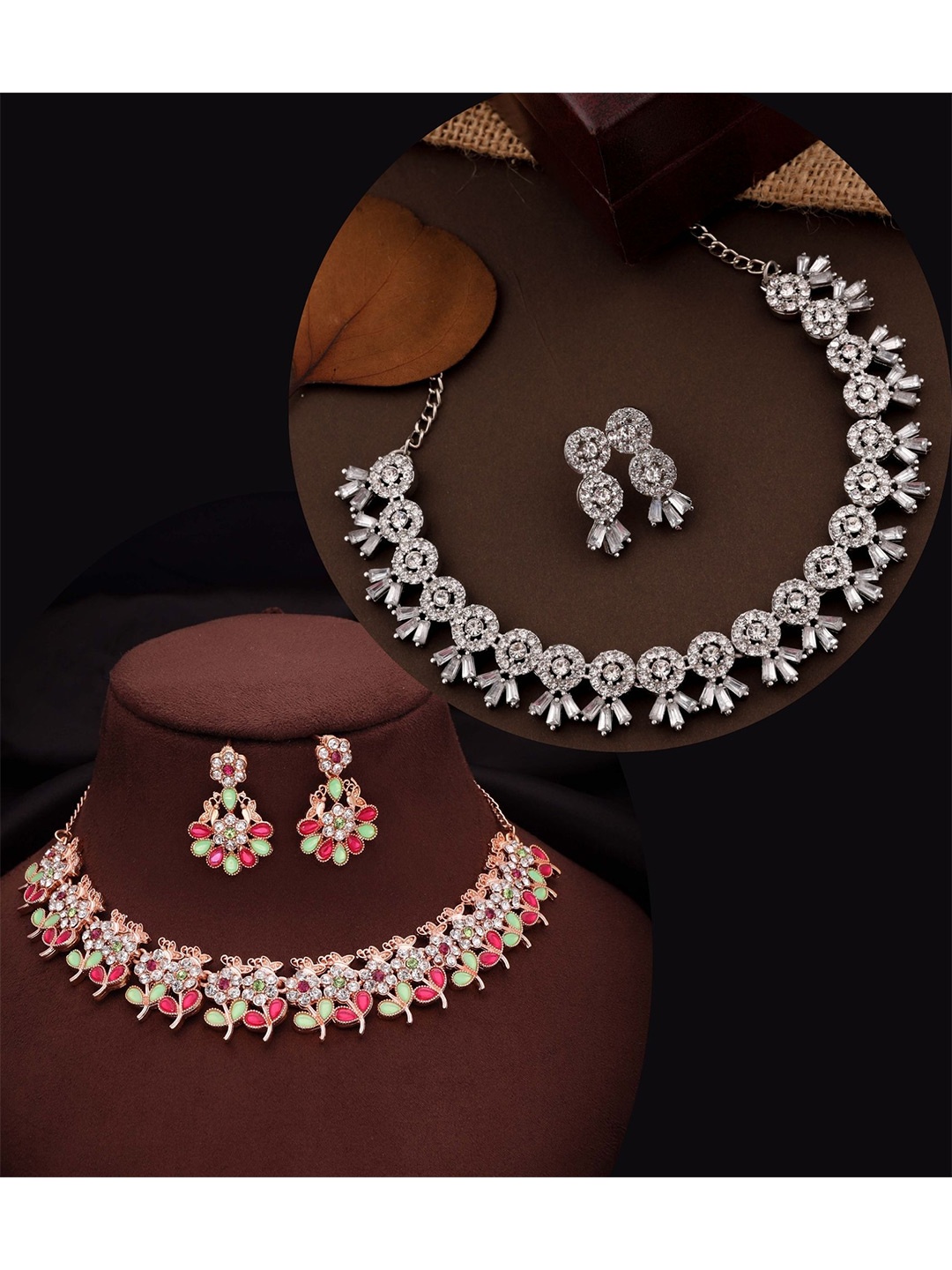 

DIVASTRI Set Of 2 Silver & Gold-Plated American Diamond Studded Necklace With Earrings