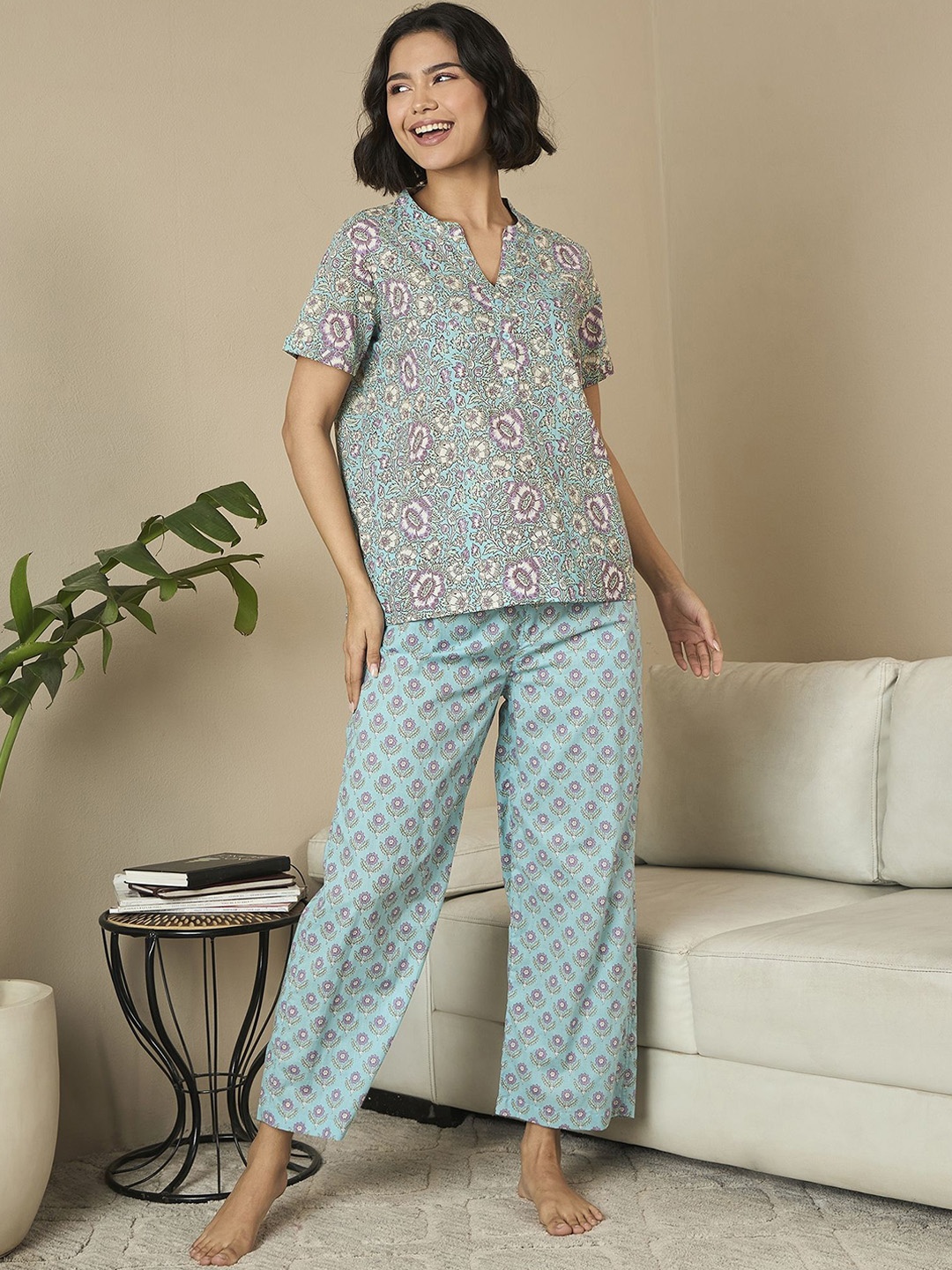 

July Women Printed Night suit, Blue