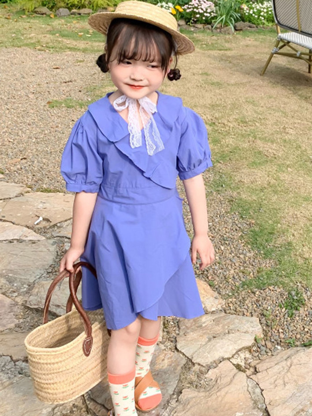 

LULU & SKY Girls Puff Sleeves Wrap Dress, Blue