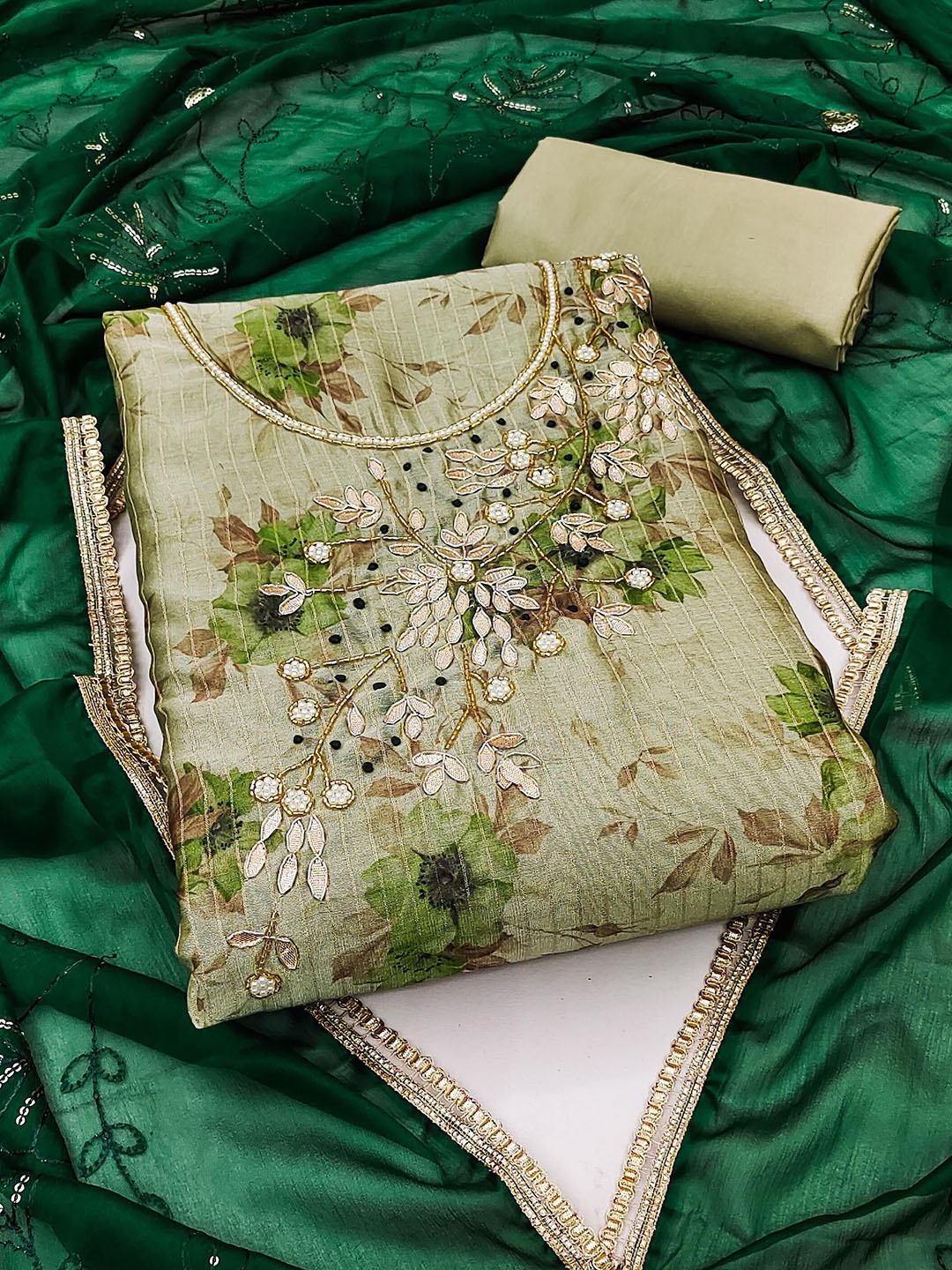 

SAINOOR Floral Printed Zardozi Unstitched Dress Material, Green