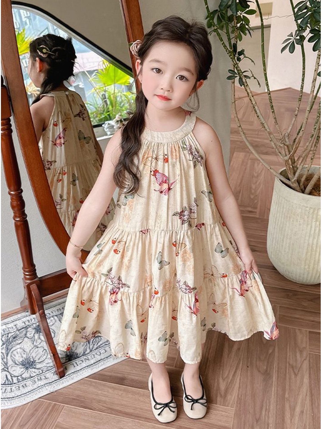 

LULU & SKY Girls Floral Printed Tiered A-Line Midi Dress, Beige