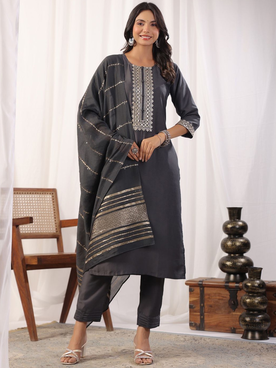 

KALINI Embroidered Sequinned Straight Kurta With Trousers & Dupatta, Grey