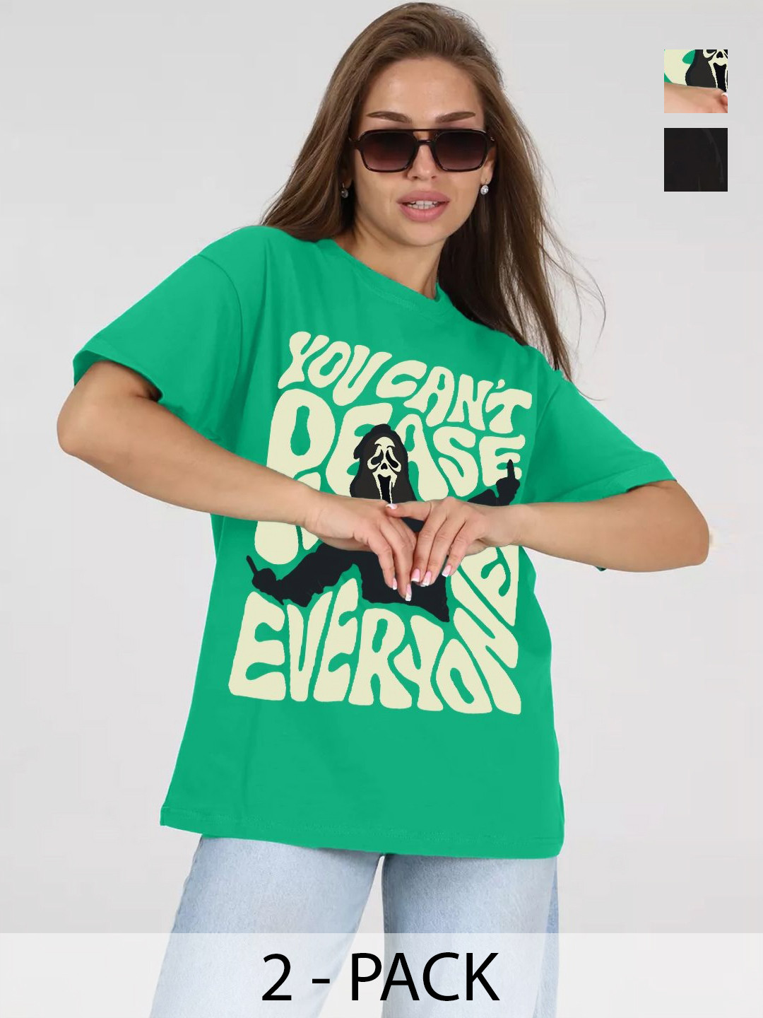 

Leotude Women Pack Of 2 Batman Graphic Printed Round Neck Cotton Oversized T-shirts, Green