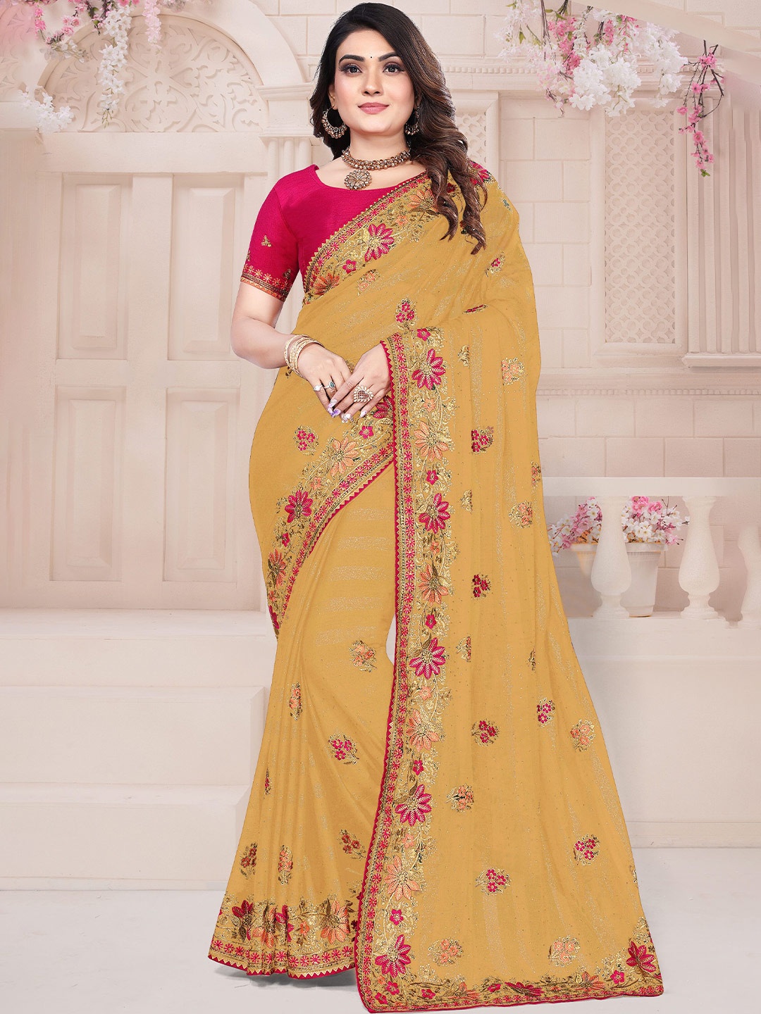 

KHRITI FAB Embellished Embroidered Silk Blend Designer Saree, Beige
