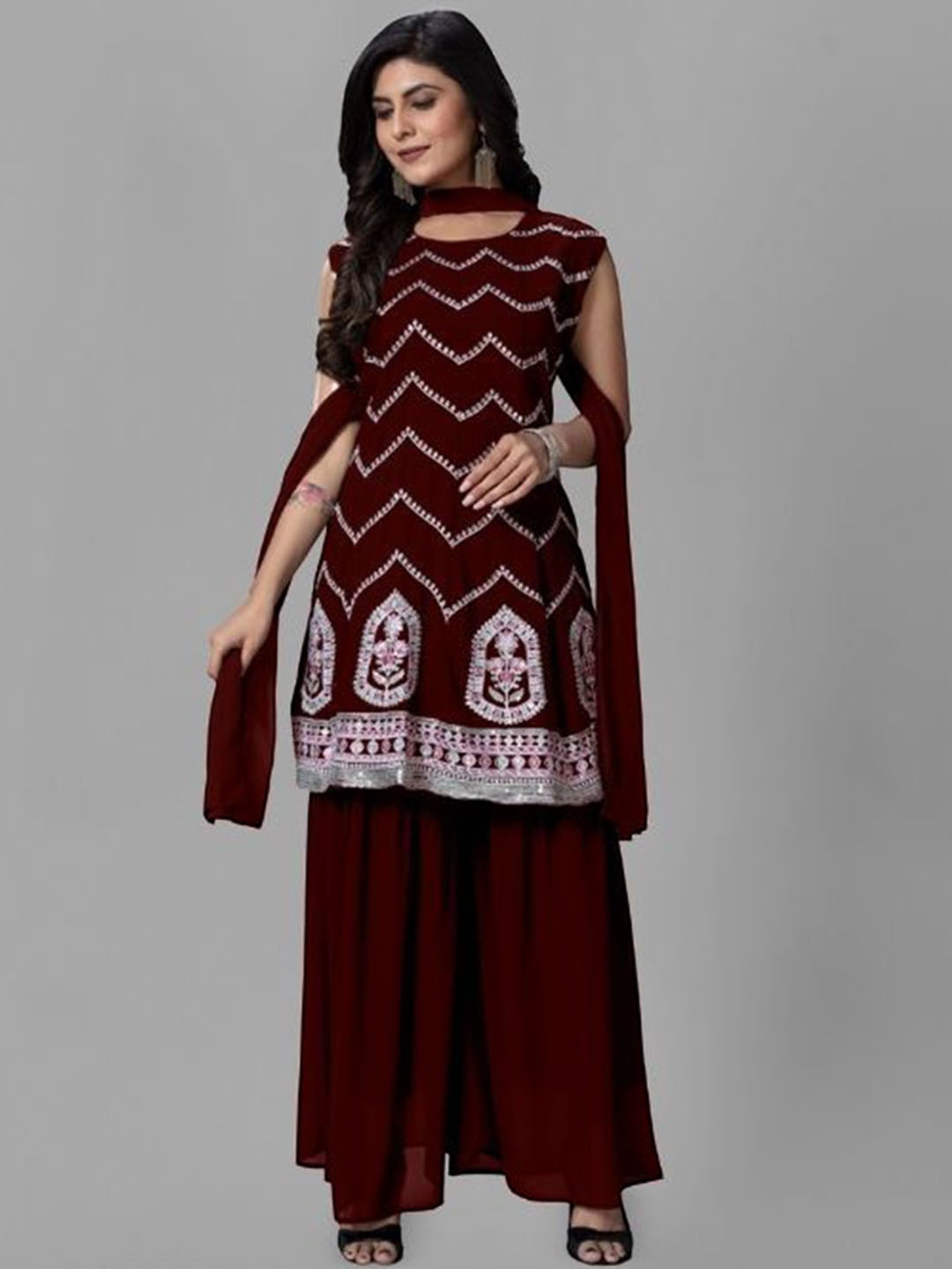 

PARROT CREATION Chevron Embroidered Georgette Straight Kurti With Sharara & Dupatta, Maroon