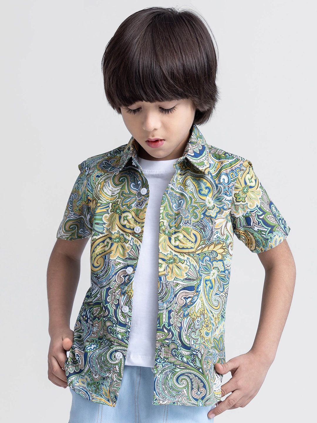 

taffykids Boys Relaxed Floral Opaque Printed Casual Shirt, Green