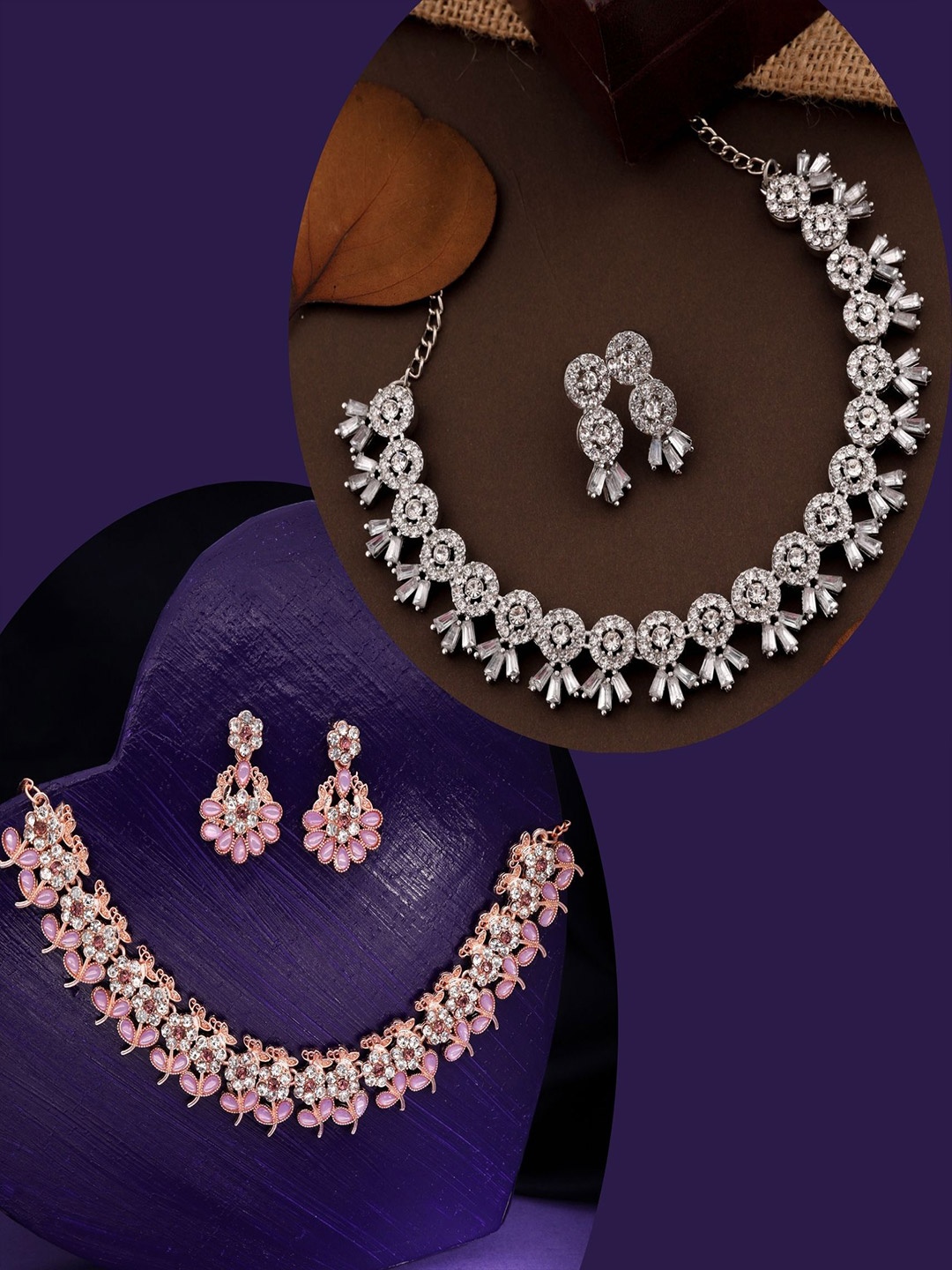 

DIVASTRI Set Of 2 Silver-Plated American Diamond-Studded Jewellery Set, Gold