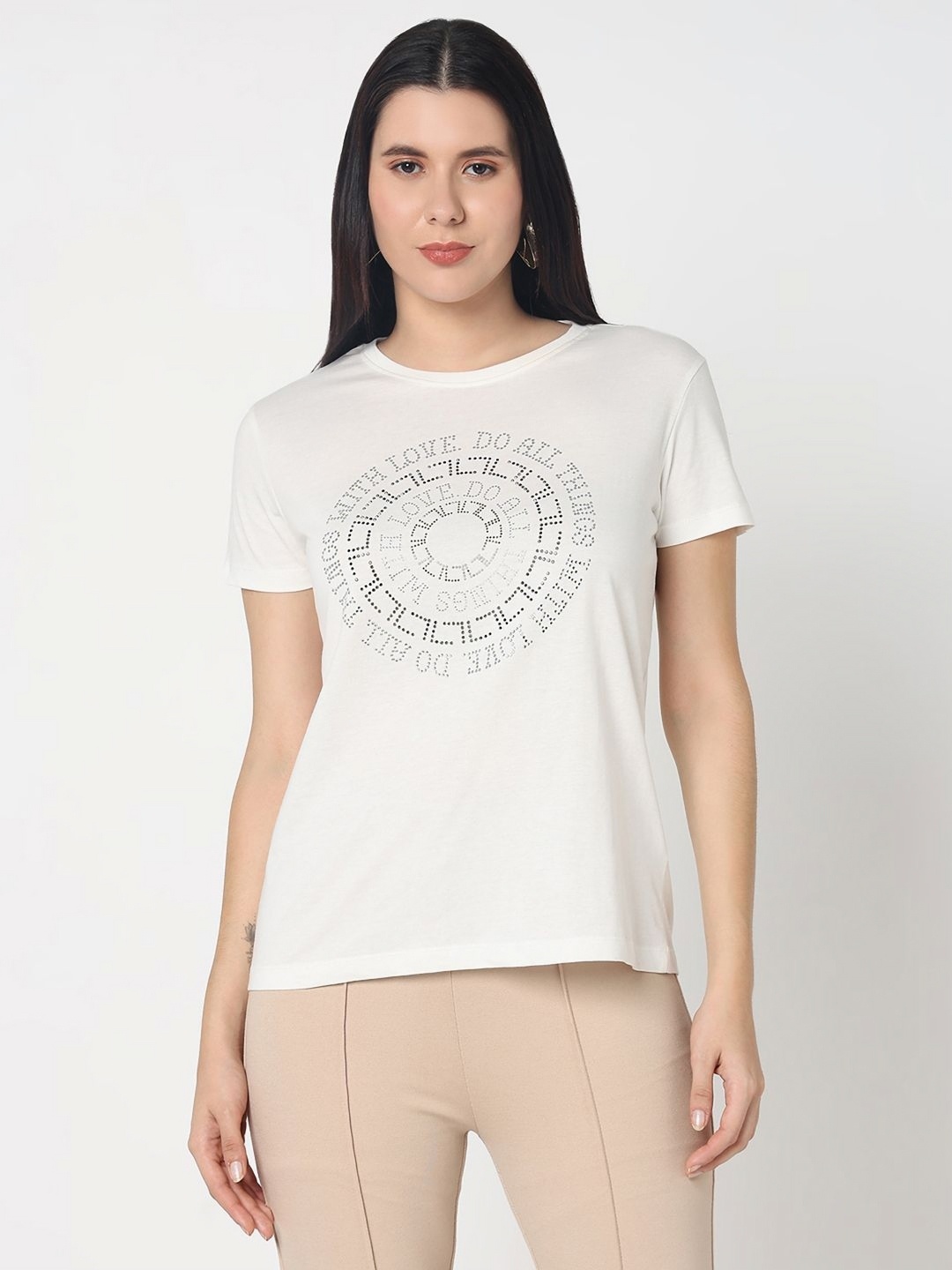 

R&B Women Typography Printed Round Neck Cotton T-shirt, Off white