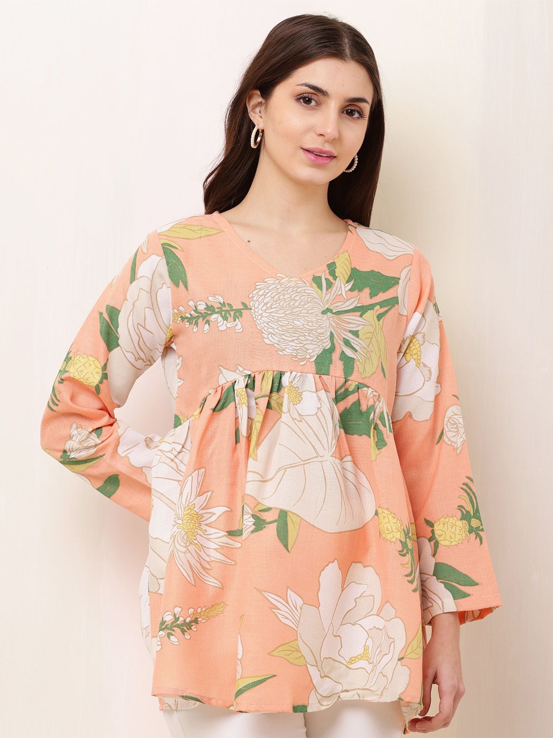 

Bright Nex Floral Print Cotton Longline Top, Orange