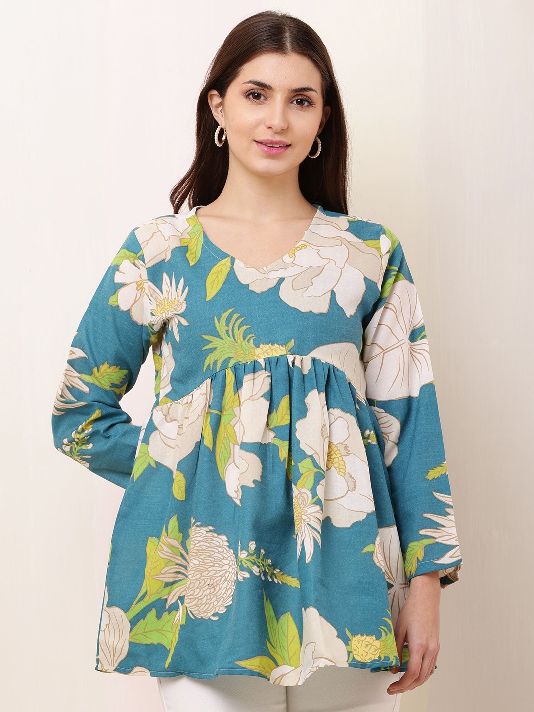 

BAESD Floral Print Cotton Longline Top, Blue