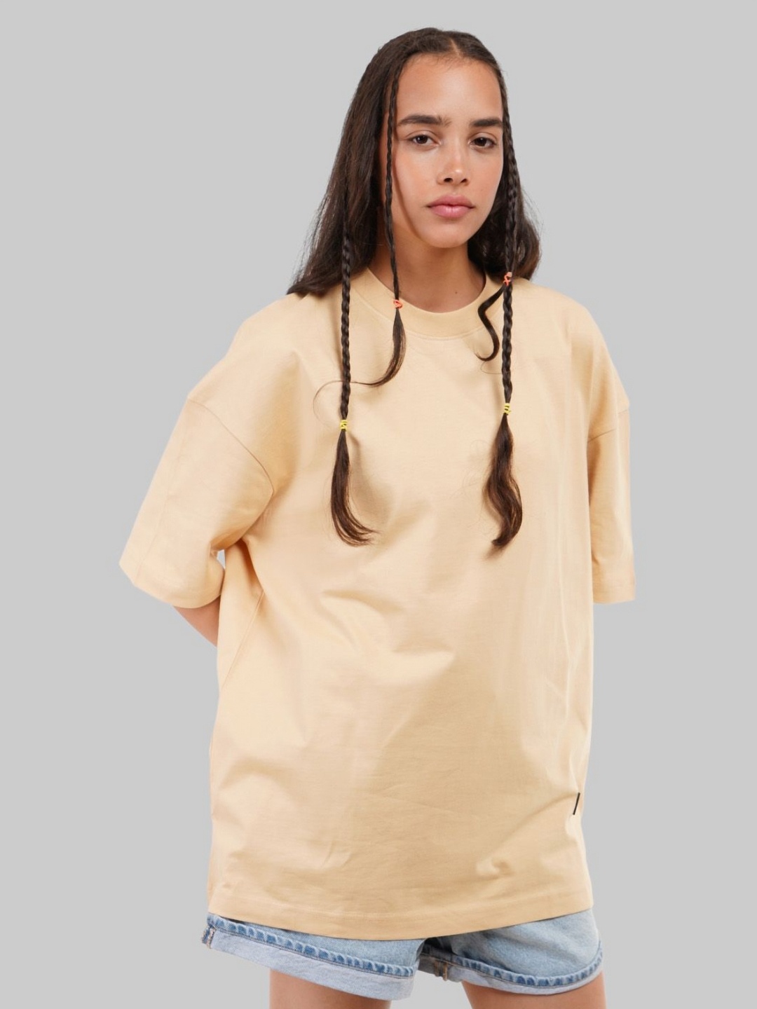 

Underrated Club Women Bio Finish Solid Round Neck Cotton Oversized T-shirt, Beige