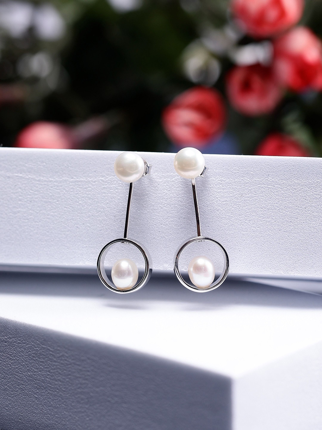 

DIAVO Rhodium-Plated Artificial Pearls Studded Contemporary Shaped Drop Earrings, Silver