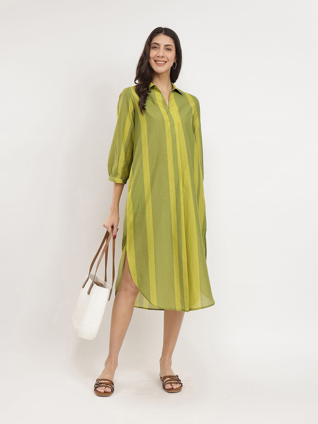 

Pink Fort Women Cotton Monotone Striped Dress Green