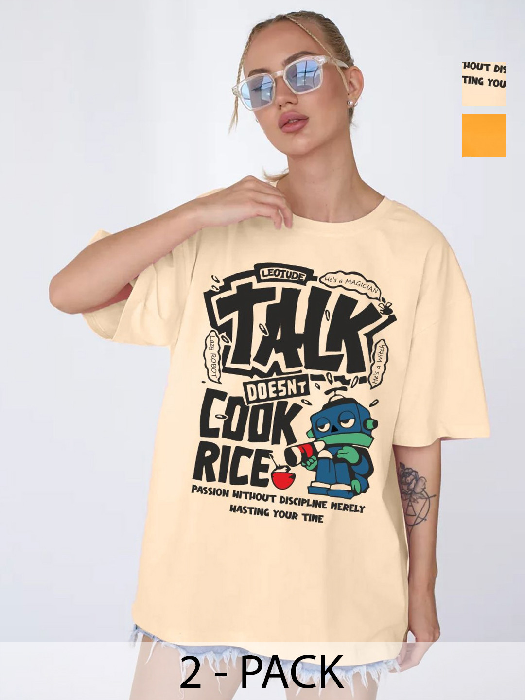 

Leotude Women Pack Of 2 Graphic Printed Round Neck Cotton Oversized T-shirts, Beige