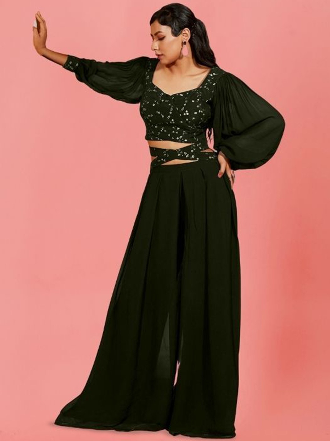 

PARROT CREATION Floral Embroidered Poly Georgette V-Neck Crop Top With Palazzos, Olive