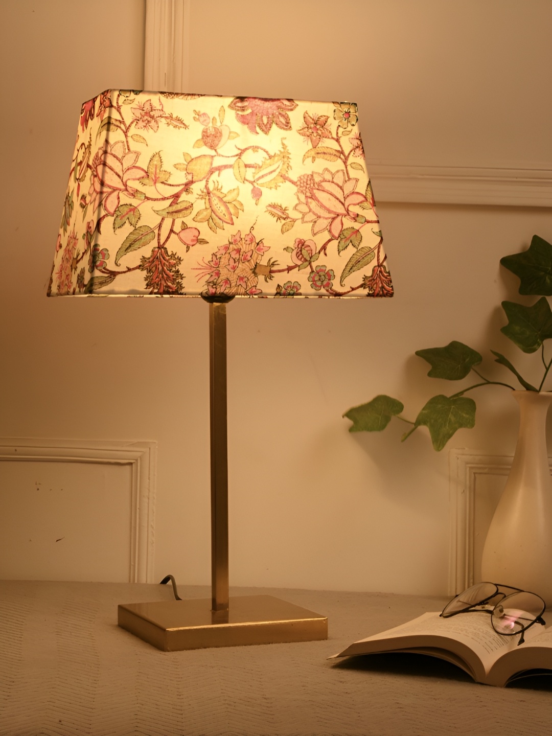 

green girgit Gold Toned & Cream Colored Printed Frustum Shaped Metal Table Lamp With Bulb