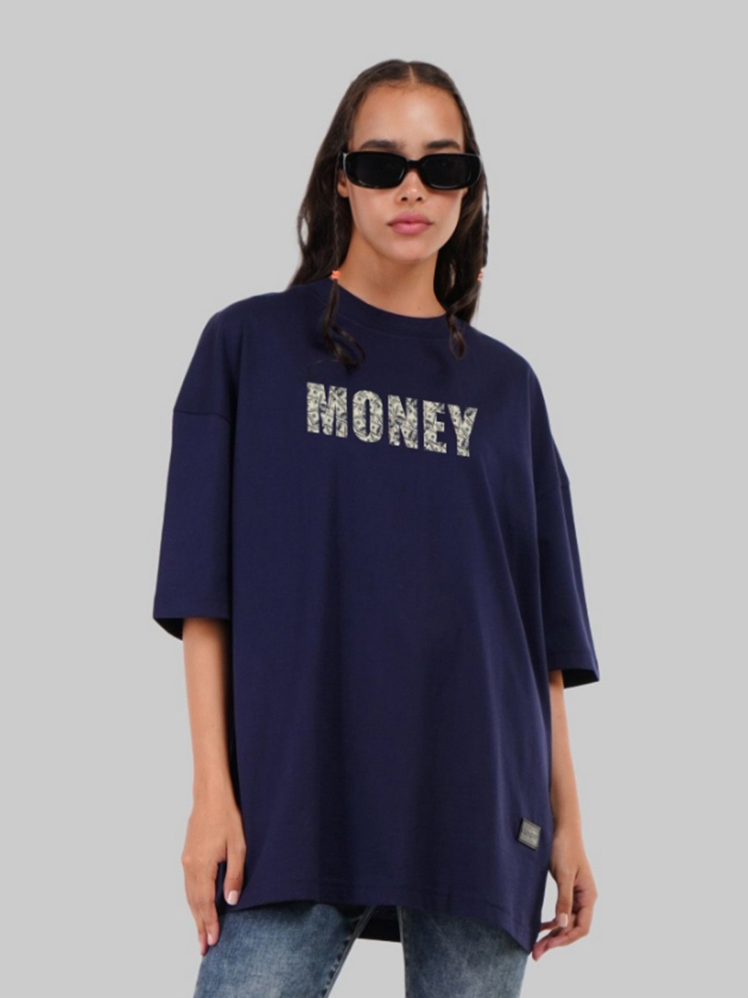 

Underrated Club Women Bio Finish Typography Printed Round Neck Cotton Oversized T-shirt, Navy blue