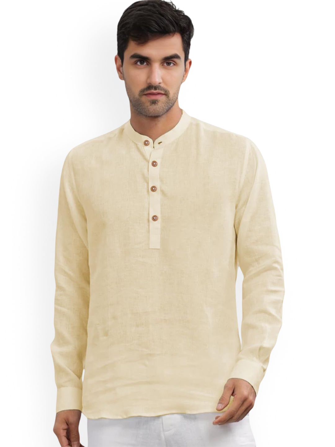 

Vida Loca Band Collar Cotton Slim Fit Straight Short Kurta, Beige