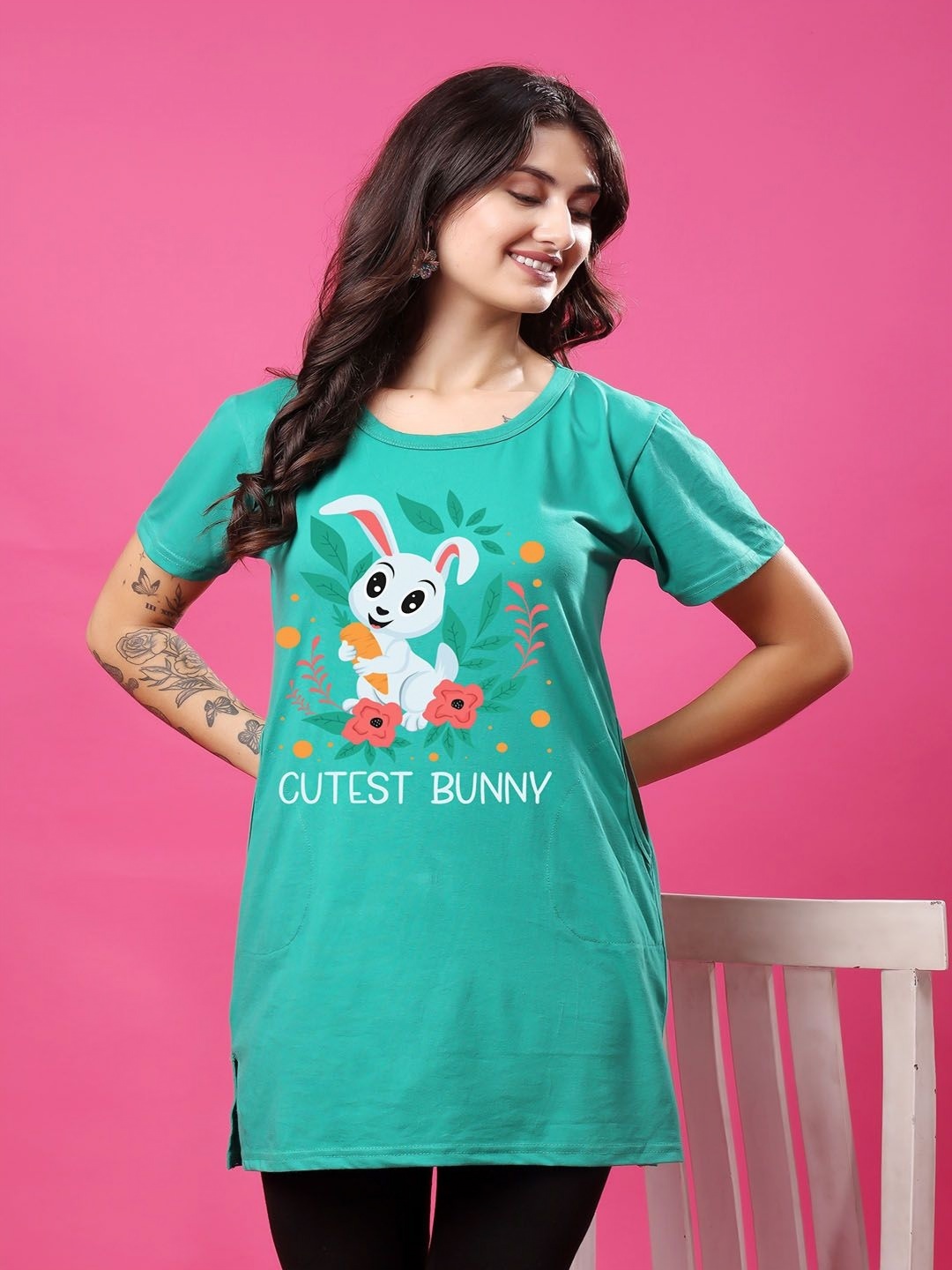 

SWIFTLY Women Bio Finish Graphic Printed Round Neck Cotton T-shirt, Teal