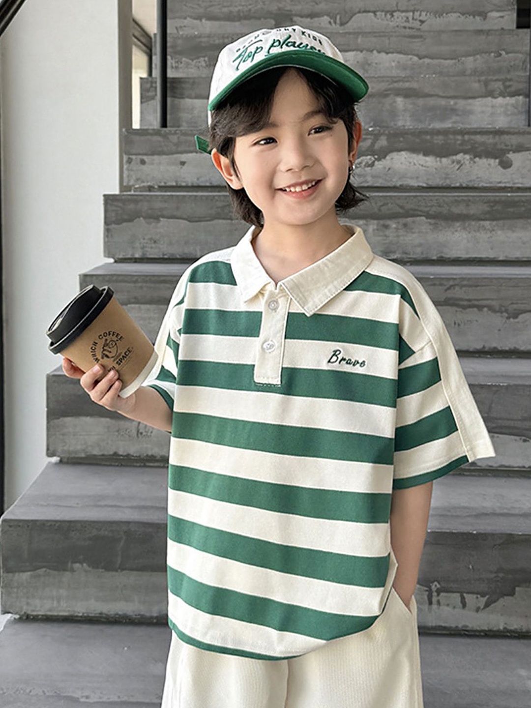 

LULU & SKY Boys Striped Polo Collar Cotton Oversized T-shirt, Green