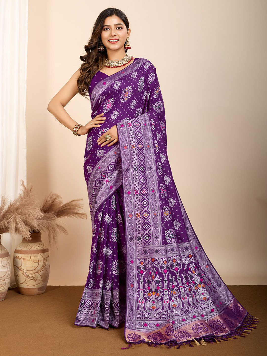 

Nimidiya Woven Design Zari Pure Silk Patola Saree, Purple