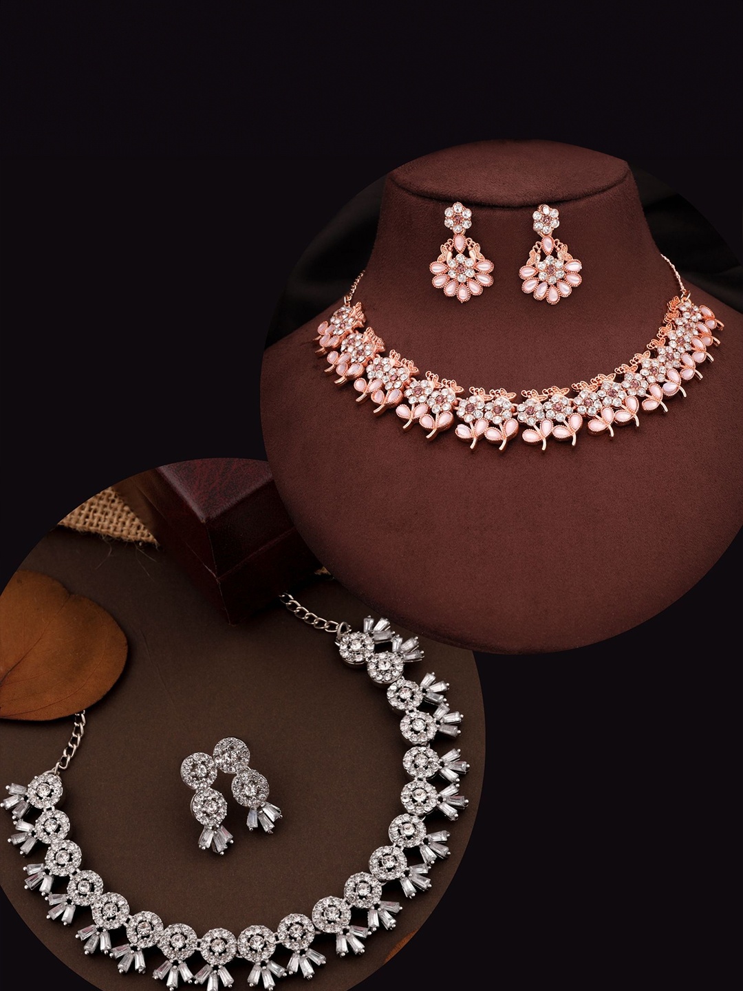 

DIVASTRI Set Of 2 Silver-Plated American Diamond Studded Jewellery Set