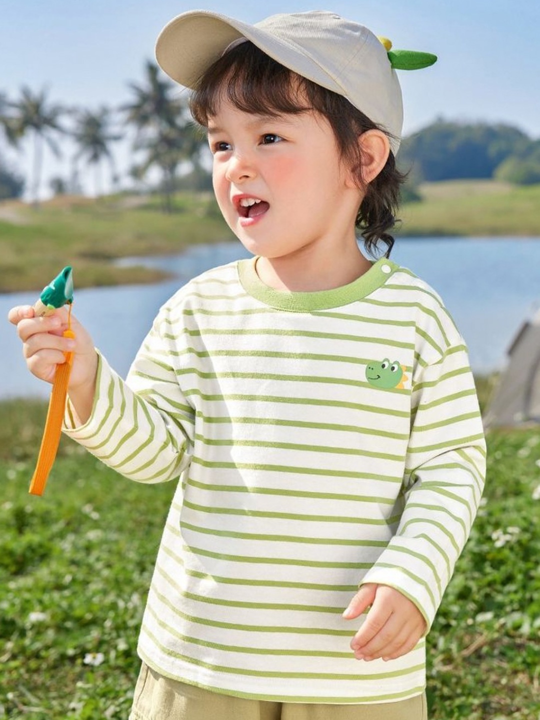 

LULU & SKY Boys Striped Round Neck Cotton T-shirt, Green